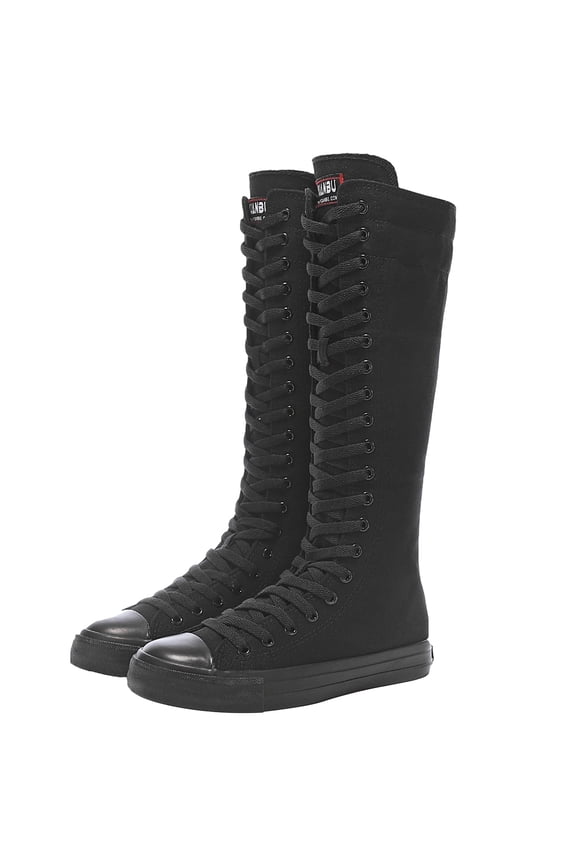 Girls Womens Fashion Knee High Lace-Up Canvas Boots Pure Black Zip Dance Boots SN811 US9.5