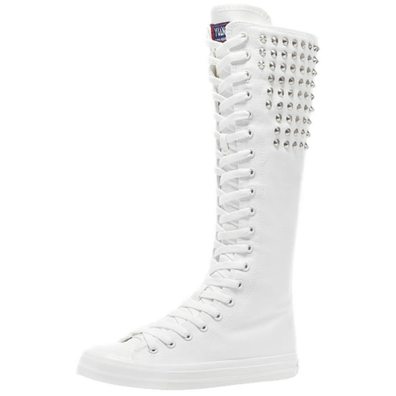 ANUFER Girls Womens Fashion Knee High Lace-Up Canvas Boots Pure White Zip Dance Boots Rivets SN816 US7