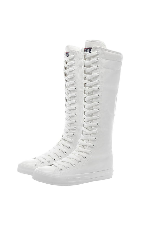 Girls Womens Fashion Knee High Lace-Up Canvas Boots Pure White Zip Dance Boots SN811 US4.5