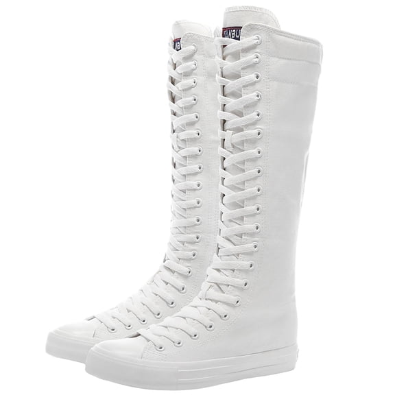 ANUFER Girls Womens Fashion Knee High Lace-Up Canvas Boots Pure White Zip Dance Boots SN811 US7