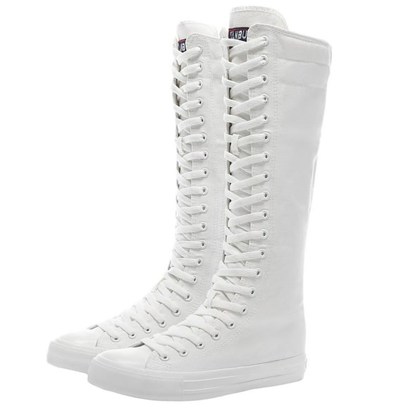 ANUFER Girls Womens Fashion Knee High Lace-Up Canvas Boots Pure White Zip Dance Boots SN811 US9