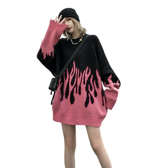 ANUFER Unisex Mens Womens Flame Sweaters Street Fashion Bat Sleeve Knitted Jumper Pink SN602C032-1 L