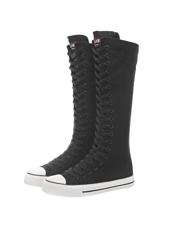 Women Fashion Canvas Dance Boots Knee High Bicycling Boots Girls Fancy School Shoes Black 905 US4.5