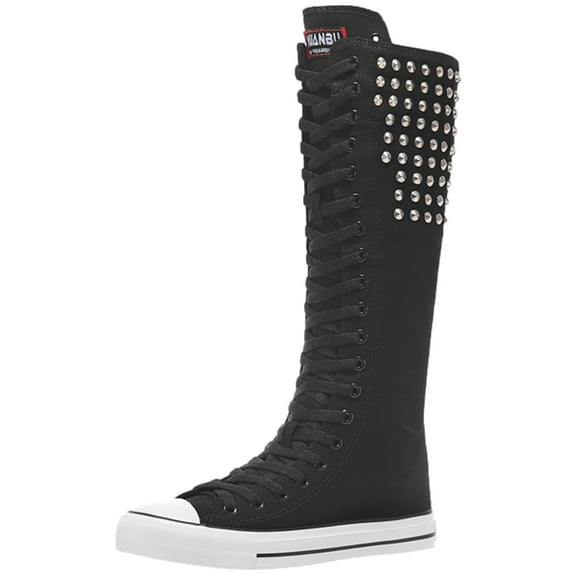 ANUFER Women Fashion Canvas Dance Boots Knee High Bicycling Boots Girls Fancy School Shoes Black Rivets SN914AB US7.5