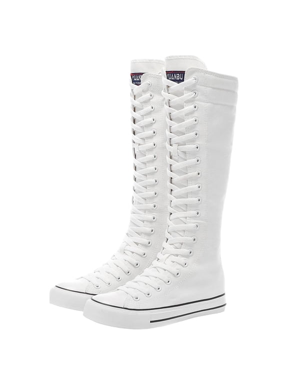 Women Fashion Canvas Dance Boots Knee High Bicycling Boots Girls Fancy School Shoes White 905 US8