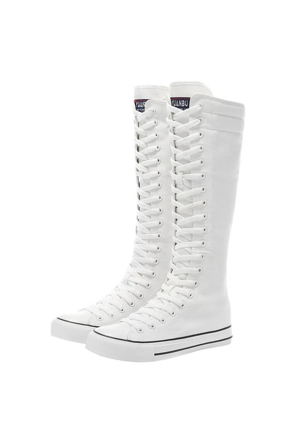 Women Fashion Canvas Dance Boots Knee High Bicycling Boots Girls Fancy School Shoes White 905 US8