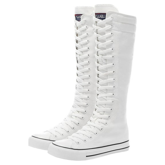 ANUFER Women Fashion Canvas Dance Boots Knee High Bicycling Boots Girls Fancy School Shoes White 905 US9