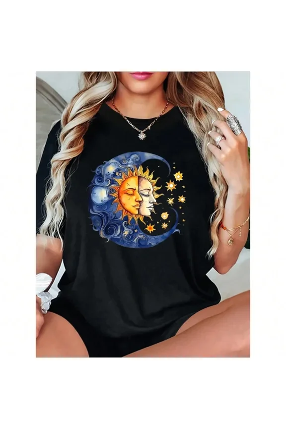 All Season Wear | Celestial Sun And Moon Pattern T-Shirt Unisex S-5XL Hot Trending Shirt, Vintage Birthday Gift
