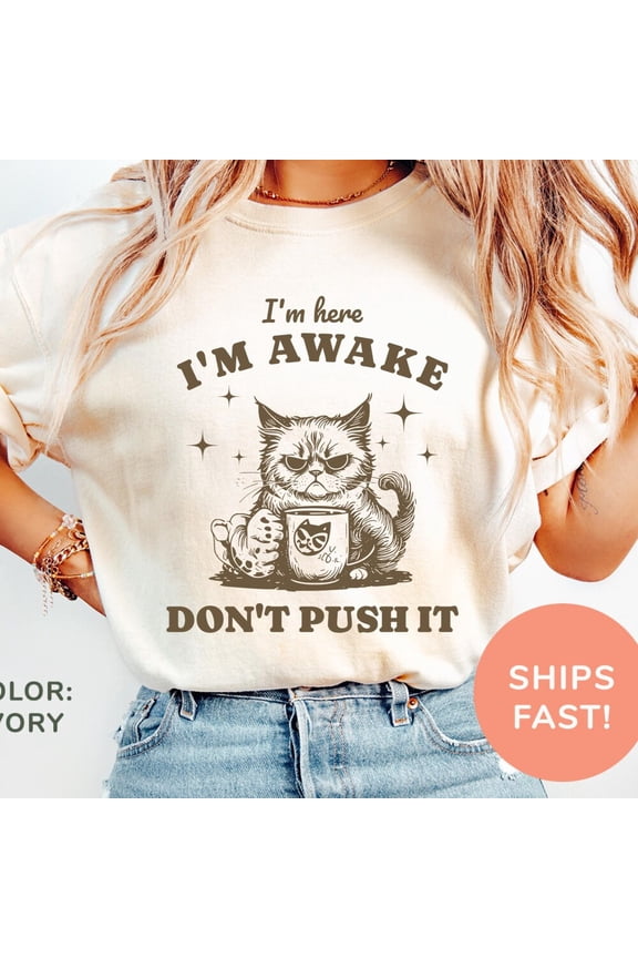I'M Here I'M Awake Don'T Push It Shirt, Funny Shirt, Retro Cat Shirt, Trendy Shirt, Sarcasm Shirt For Women Unisex S-5XL Hot Trending Shirt, Vintage Birthday Gift