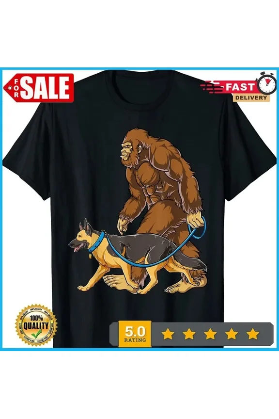 Bigfoot German Shepherd Dog Walk Funny Sasquatch Lovers Men T-Shirt Unisex S-5XL Hot Trending Shirt, Vintage Birthday Gift