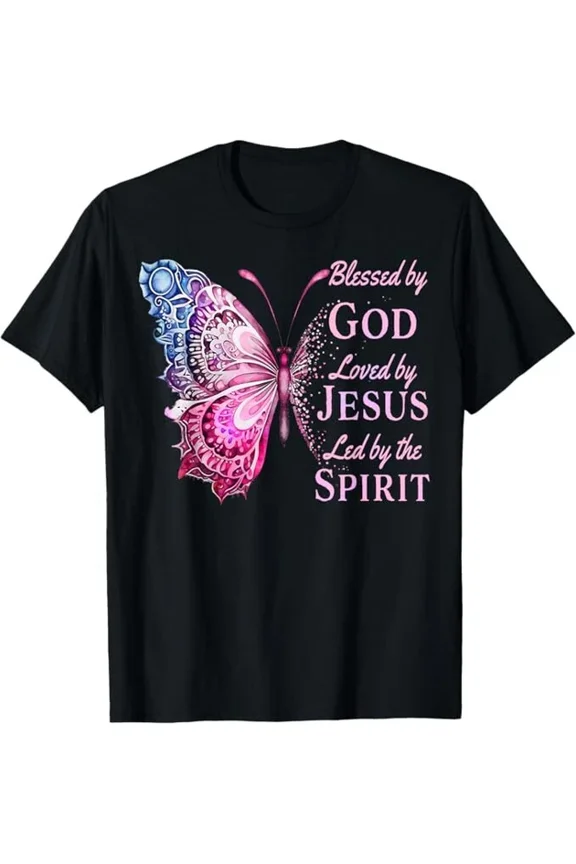 Blessed By God Loved By Jesus Pink Butterfly T-Shirt Unisex S-5XL Hot Trending Shirt, Vintage Birthday Gift