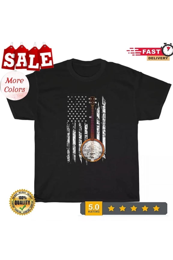 Bluegrass Banjo American Us Flag Patriotic Musician T-Shirt Tee Gift Unisex S-5XL Hot Trending Shirt, Vintage Birthday Gift
