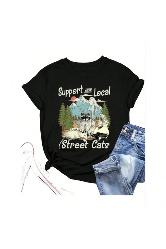 Cartoon Printed T-Shirt With Support For Local Street Cats Design Unisex S-5XL Hot Trending Shirt, Vintage Birthday Gift