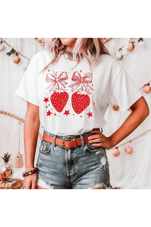 Coquette Strawberry Shirt, Cute Bow Tee, Y2K Fruit Graphic Top, Girly Cottagecore Summer T-Shirt, Trendy Summer Shirt Unisex S-5XL Hot Trending Shirt, Vintage Birthday Gift