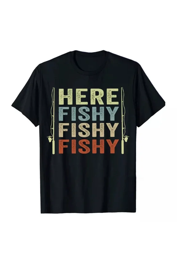Fishing T-Shirt Retro Here Fishy Fish Hunting Fishrod Funny Fisherman Tee Gifts Unisex S-5XL Hot Trending Shirt, Vintage Birthday Gift