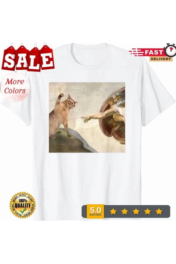Funny Cat God Creation Of Adam Jesus T-Shirt Unisex S-5XL Hot Trending Shirt, Vintage Birthday Gift