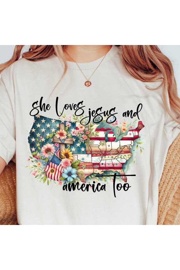 She Loves Jesus and America Shirt, USA Graphic Tee, Boho 4th of July Shirt, USA Map Shirt, Womens 4th of July, Fourth of July Unisex S-5XL Hot Trending Shirt, Vintage Birthday Gift