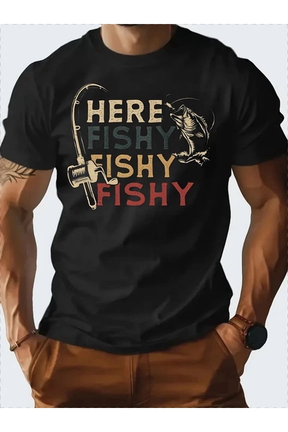 Men'S Retro Fishing Graphic T-Shirt - "Here Fishy Fishy" Print, 100% Cotton Unisex S-5XL Hot Trending Shirt, Vintage Birthday Gift