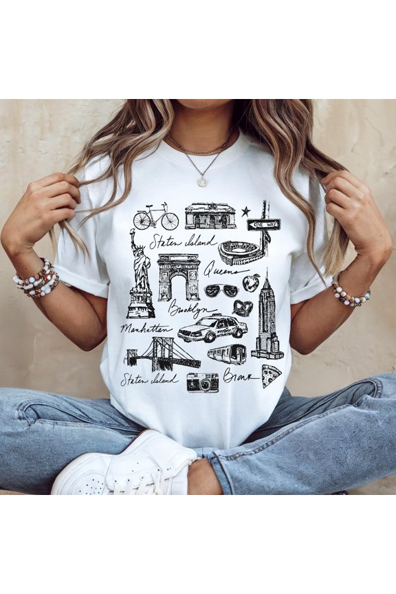 New York Doodle Tee-Shirt, New York City T-Shirt, Travel Lover Gift, Brooklyn Bridge Tee, New York Souvenir, New Yorkers Shirt Unisex S-5XL Hot Trending Shirt, Vintage Birthday Gift