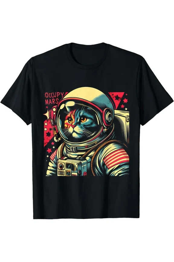 Occupy Mars - Funny Cat Astronaut Retro T-Shirt Unisex S-5XL Hot Trending Shirt, Vintage Birthday Gift
