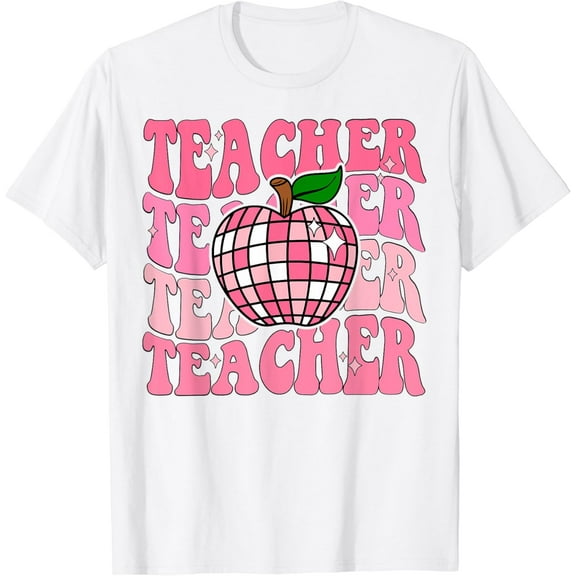 ANUNSHIRT Retro Pink Disco Ball Apple Teacher Colorful Back To School T-Shirt Unisex S-5XL Hot Trending Shirt, Vintage Birthday Gift