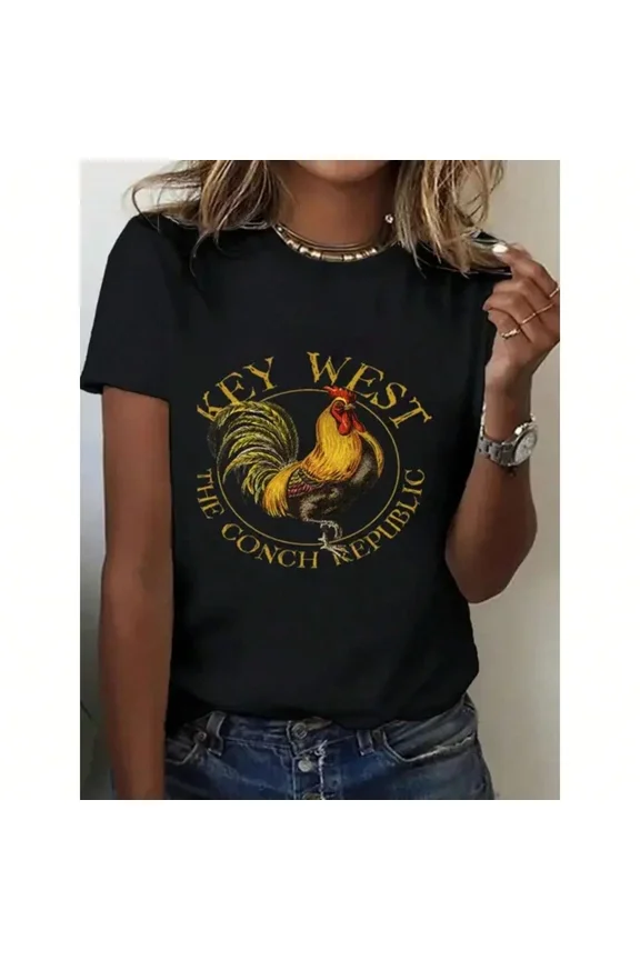 Retro Rooster Print T-Shirt,Casual Round Neck Top Unisex S-5XL Hot Trending Shirt, Vintage Birthday Gift