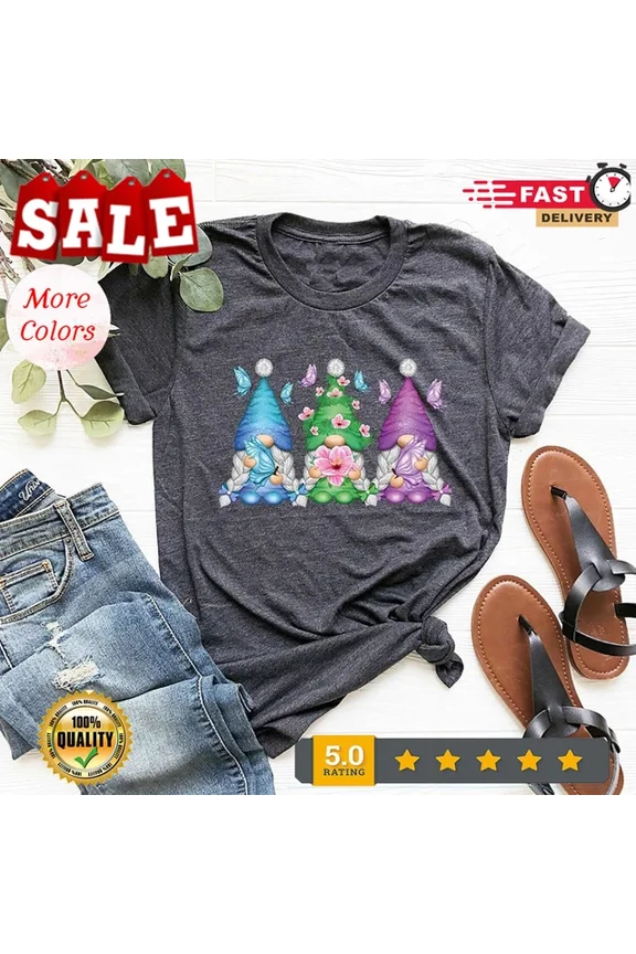 Spring Clothing, Cute Gnome Shirt, Butterfly Gnomes Tshirt, Floral Graphic Unisex S-5XL Hot Trending Shirt, Vintage Birthday Gift