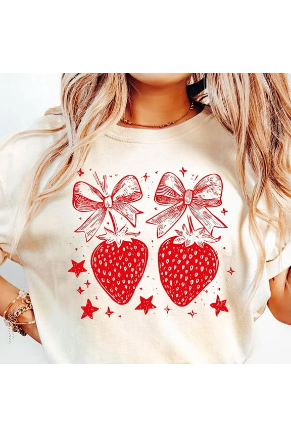 Strawberry Bow Shirt, Cute Retro Strawberry Tee, Kawaii Fruit Shirt, Cottagecore Tee, Sweet Summer Shirt Unisex S-5XL Hot Trending Shirt, Vintage Birthday Gift