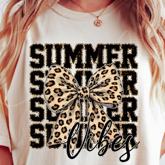 ANUNSHIRT Summer Vibes Shirt, Leo.Pard Print Bow Trendy Summer Shirt, Summer Shirt, Cheetah Print Summer Graphic Digital Unisex S-5XL Hot Trending Shirt, Vintage Birthday Gift