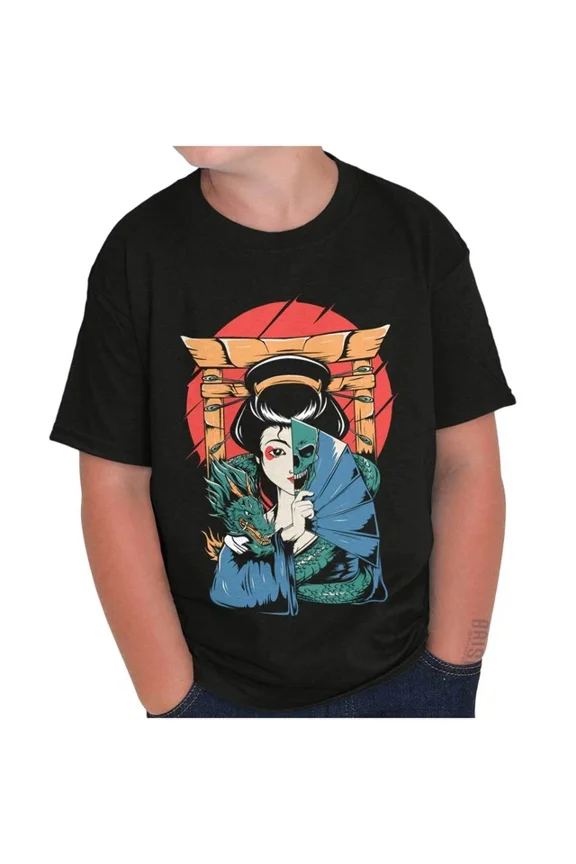 Traditional Geisha Split Face Skull Dragon Crewneck T Shirt Unisex S-5XL Hot Trending Shirt, Vintage Birthday Gift