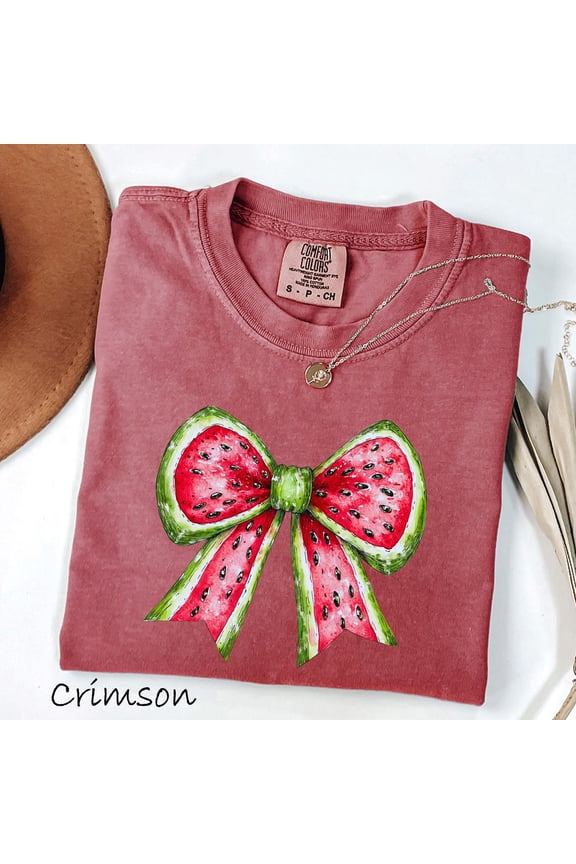 Watermelon Bow T-Shirt, Summer Fruit Tee For Women, Cute Vacation Shirt, Hand Drawn Watermelon Shirt, Sweet Summer Beach Tee Unisex S-5XL Hot Trending Shirt, Vintage Birthday Gift