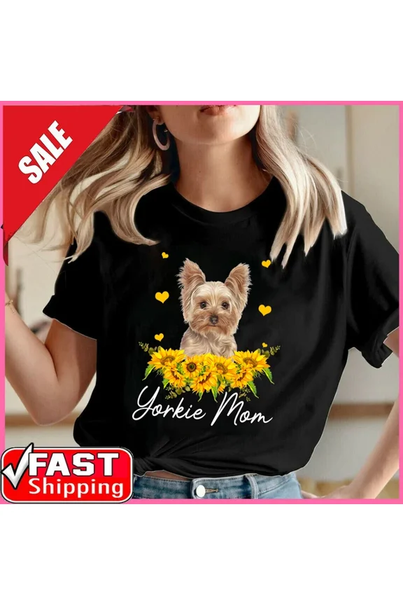 Womens Sunflower Yorkie Mom Dog Lover T-Shirt Unisex S-5XL Hot Trending Shirt, Vintage Birthday Gift
