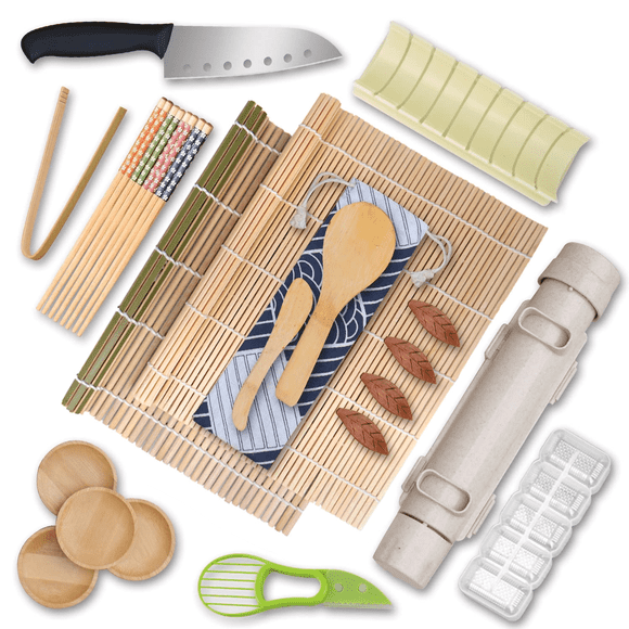 Sushi Making Kit, 23 in 1 Bamboo Sushi Maker Bazooka Sushi Roller Kit with Mat, Sushi Knife, Tweezers, Chopsticks and Holder, Mold, Dishes, Spreader Knife, Avocado Slicer, Bag