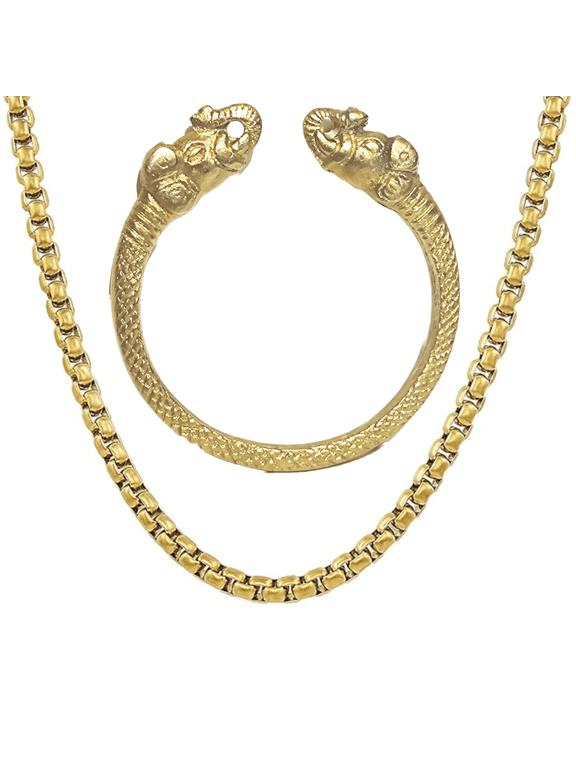 Brass Golden BN Box Neck Chain With Golden Brass Adjustable Elephant Face Kada Combo For Men