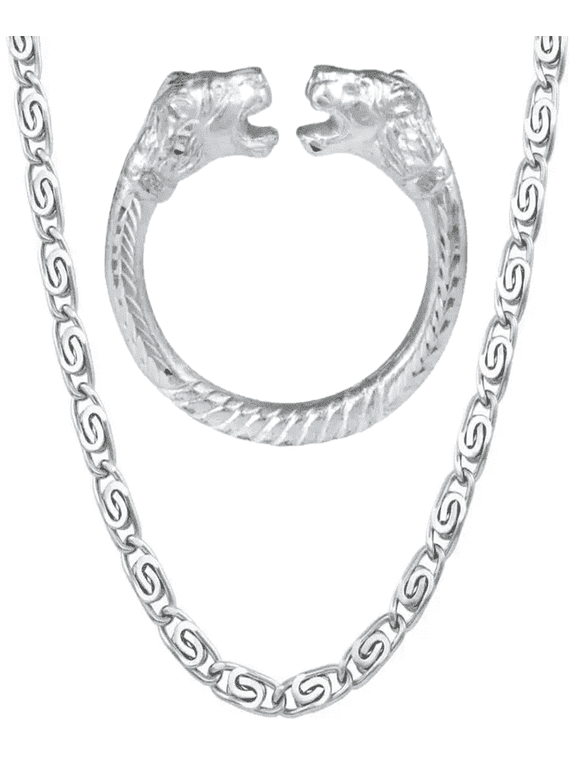 Mens Silver Stainless Steel Chain Necklace U-Link Design with Adjustable Kada Bracelet | Fashion Jewelry Combo Set