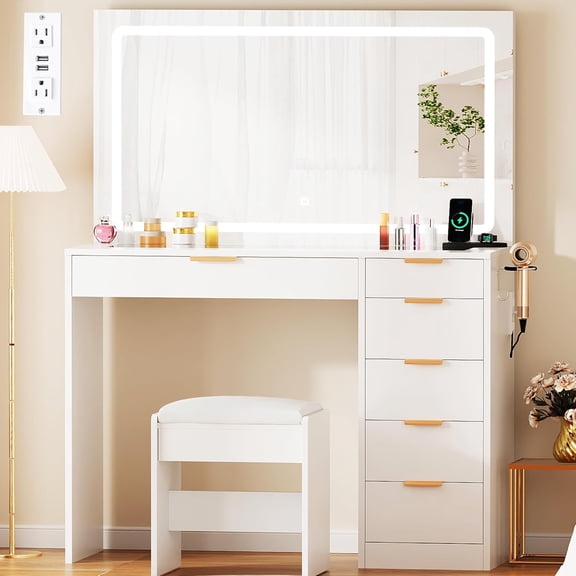 ANWBROAD 39" Makeup Vanity Desk with Mirror and Lights with 6 Drawers and Charging Station Girls Vanity with Glass Top,3 Color Modes Adjustable,White for Bedroom UBDT79A