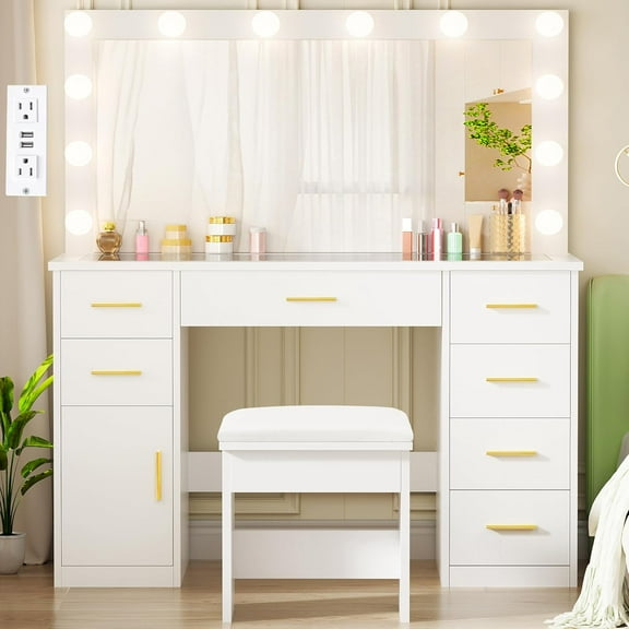 ANWBROAD Large Vanity Desk with Lighted Mirror White Makeup Vanity Set with Glass Top & Power Outlet & 7 Drawers Storage 3 Color Lighting Modes Dressing Table with Stool for Bedroom Women Girl