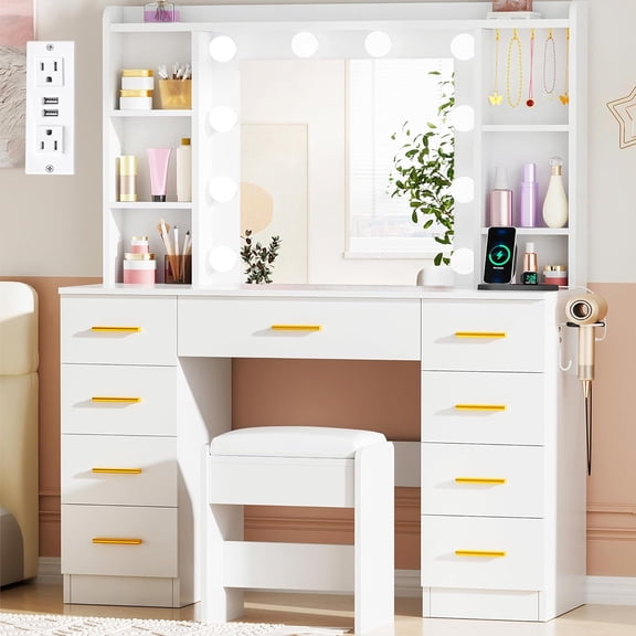 ANWBROAD Makeup Vanity Desk with Lights White Vanity Desk with Mirror and Lights 3 Colors, 9 Drawers, 6 Storage Shelves, 5 Hooks Dressing Table with Stool Power Outlet for Bedroom Girls Women UBDT87W