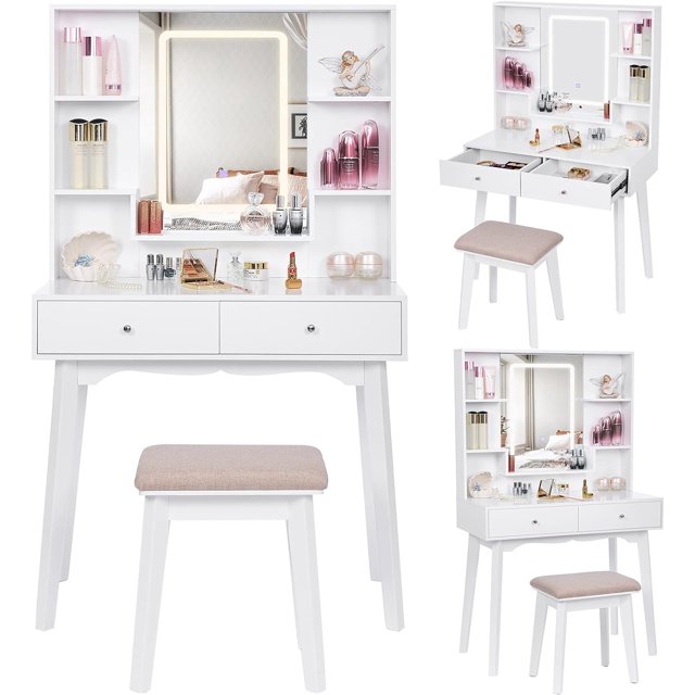 ANWBROAD Makeup Vanity Desk Vanity Table Set with LED Lighted Mirror