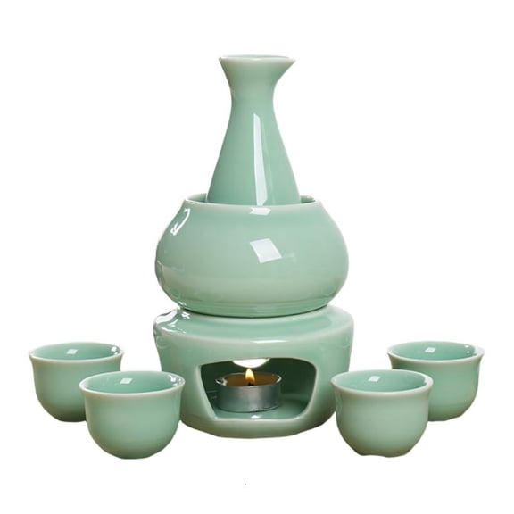 ANXPTIME Ceramic Sake Set With Candle Stove Bottle 4 Cups Warming Bowl Set Serving Gift