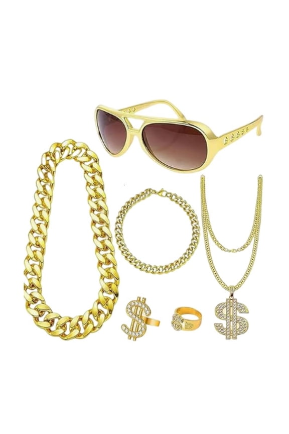Fashionable 6PCS Dollar Sign Necklace and Rings Set Rapper Jewelry Set