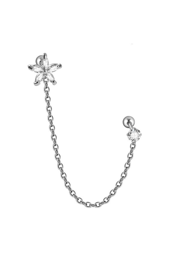 Flower Double Piercing Studs With Chain Cuffs Silver Color Cartilage Earring