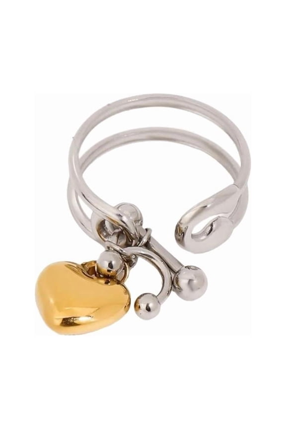 Modern Stainless Steel Gold Heart Pendant Double Layer Rings for Women