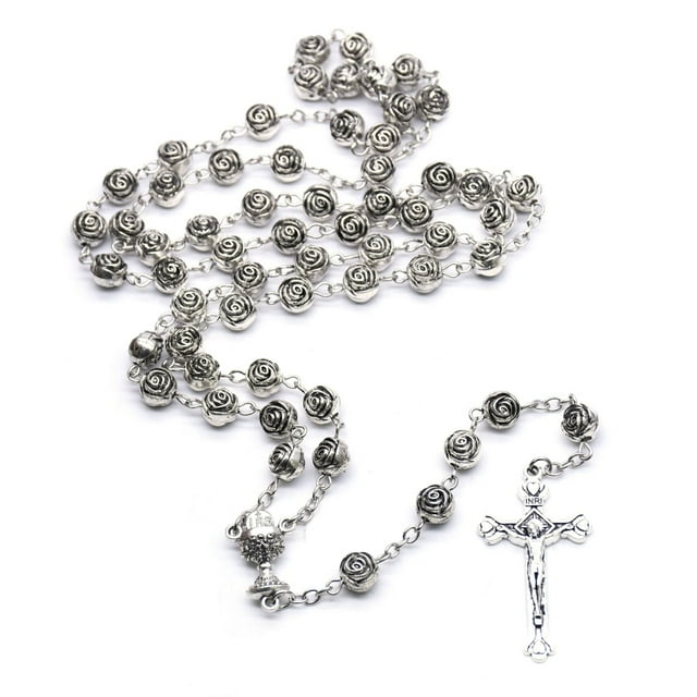 ANXPTME Catholic Rosary Necklace Rose Flowers Beads Prayer Long Chain