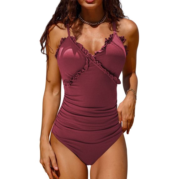ANYABELLA Beachwear for Women V Neck Ruffled One Piece Swimsuits