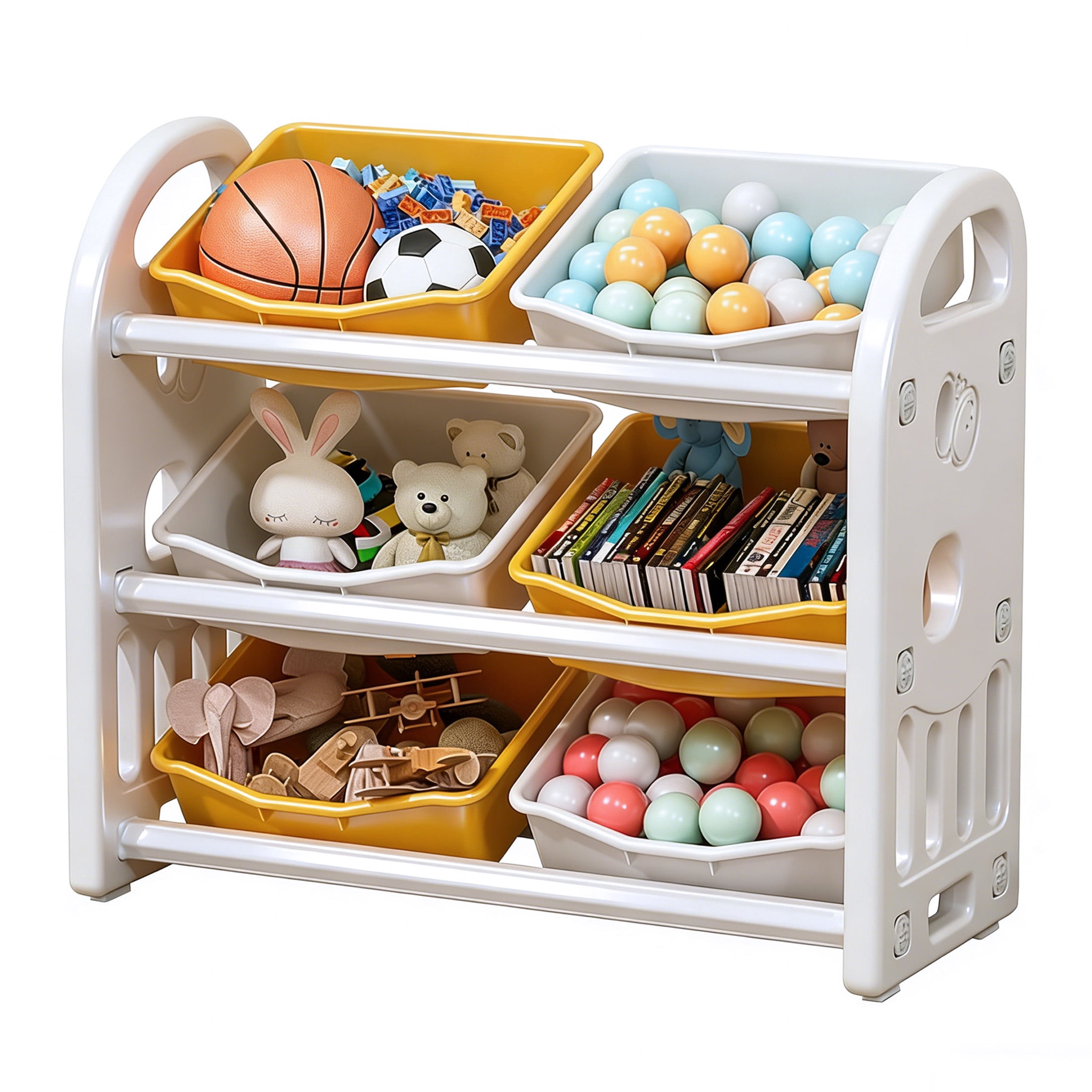 ANYEDDE Toy Storage Organizer with 3-layer structure and 6 Bins,Bookshelf/Bookcase, Kids Bin Shelf,Toys Box for Playroom Organization for Bedroom & Room Decor,Yellow White
