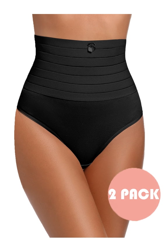 2 Pack Shapewear Thong Panties for Women High Waist Tummy Control Body Shaper Seamless Slimmer Underwear Black 2XL