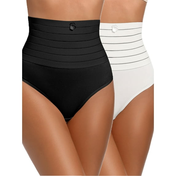 ANYFIT WEAR 2 Pack Shapewear Thong Panties for Women High Waist Tummy Control Body Shaper Seamless Slimmer Underwear Black L