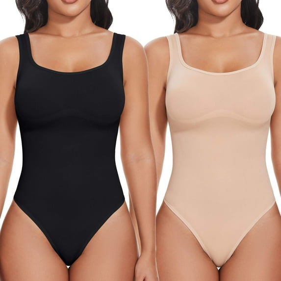 ANYFIT WEAR 2 Packs Backless Square Neck Bodysuit Shapewear for Women Full Body Shaper Tummy Control Butt Lifting Seamless Slimming Tank Top
