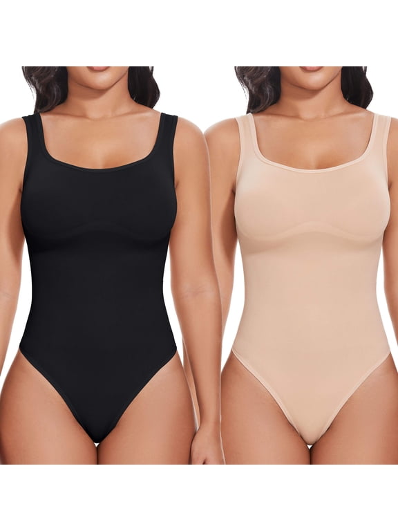 2 Packs Backless Square Neck Bodysuit Shapewear for Women Full Body Shaper Tummy Control Butt Lifting Seamless Slimming Tank Top